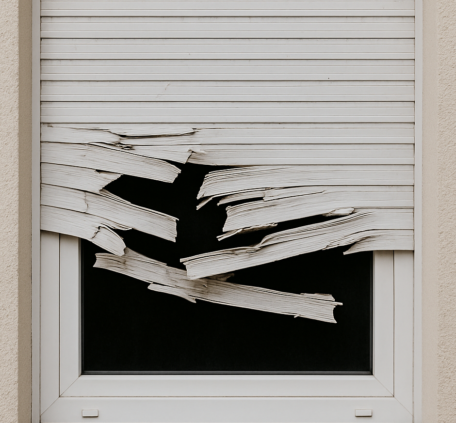 zu sehen ist ein weißer, kaputter Rolladen